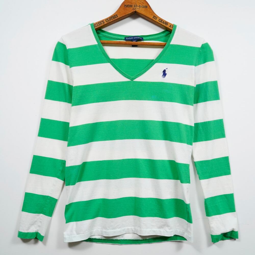 Polo Ralph Lauren Womens Striped Long Sleeve Tee S Green White Cotton Logo Shirt